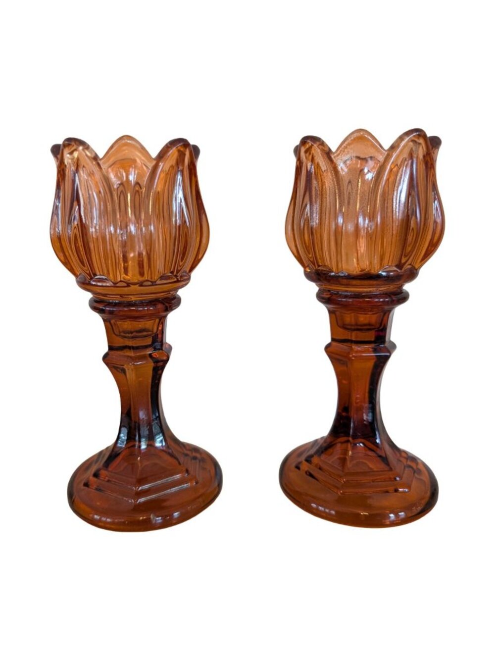Set of 2 Amber Glass Candlestick Holders Tulip-shaped Elegant Mid Century Modern